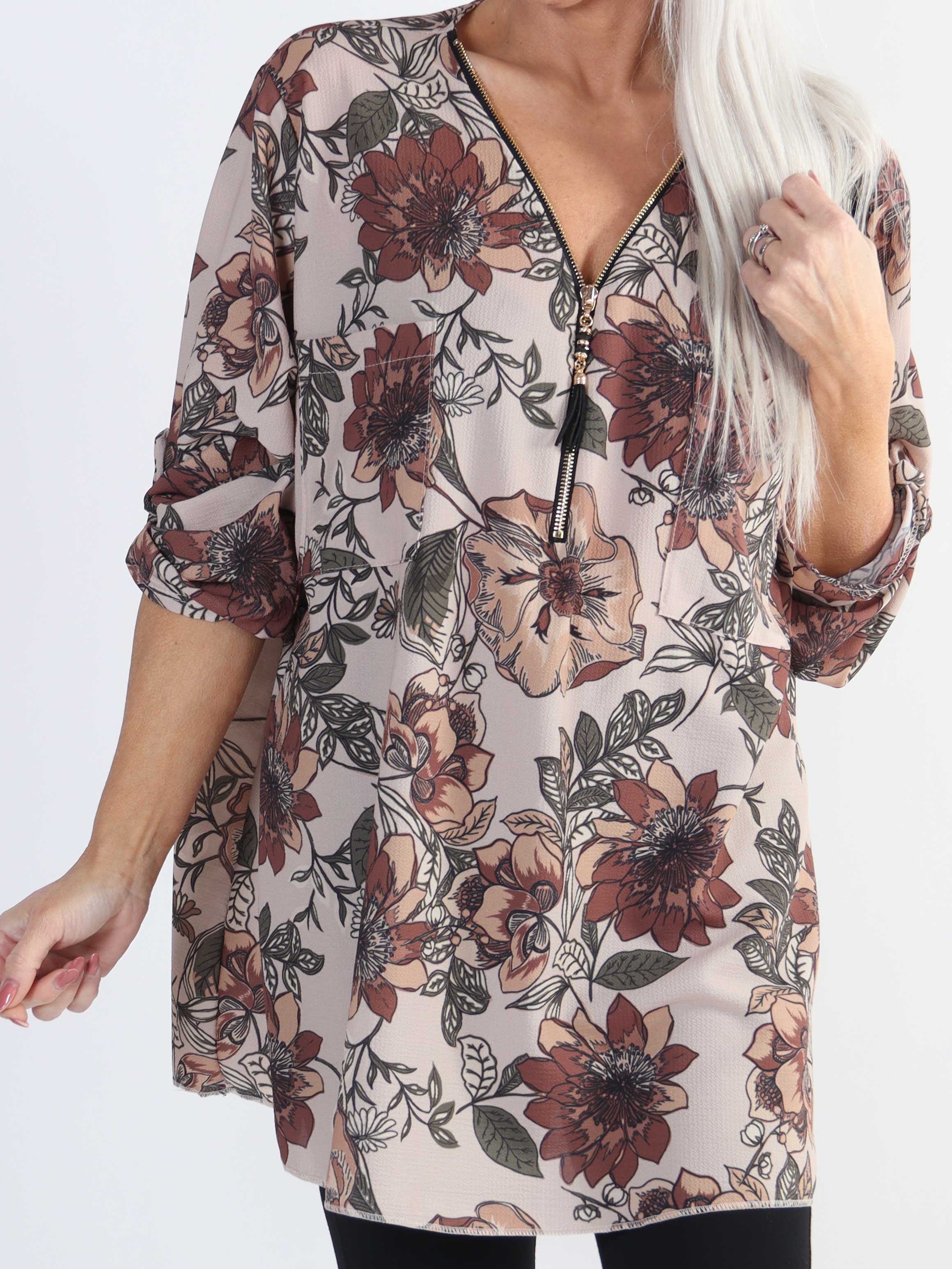 Claudia Flower - Plus size tunika med blomsterprint og lynlås